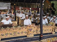 Traditional Balinese gamelan musicians performing at a temple ceremony in Ubud, Bali, wearing ceremonial white attire. 