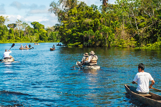 Travelers paddle through Amazon backwaters on a guided kayaking tour deep in Peru's rainforest. 