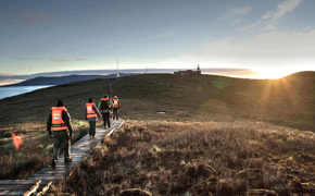 Travellers walk toward the Cape Horn lighthouse at sunrise, surrounded by rugged Patagonian terrain and ocean views. 