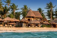 Beachfront view of Mahekal Beach Resort in Playa del Carmen, with palm trees, thatched-roof cabanas, and turquoise Caribbean waters. 