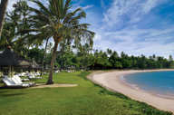 Beachfront view with palm trees, sun loungers, and blue skies at Tivoli Eco Resort in Bahia, Brazil. 