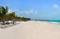 Wide white sand beach lined with palm trees and turquoise waters at Catalonia Playa Maroma Resort, Riviera Maya, Mexico. 