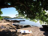 Shaded rocky beach at Insolito Hotel in Buzios, Brazil , offering a peaceful and scenic seaside retreat. 