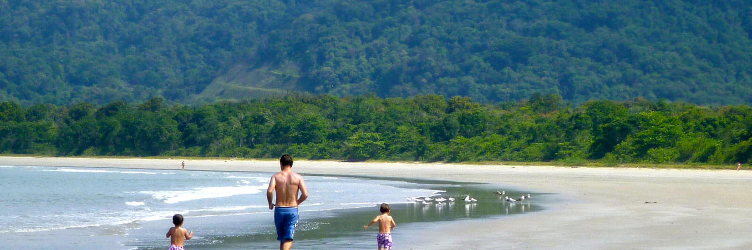 Father and children walking along the tranquil beach of Angra dos Reis, Brazil with lush forested hills in the background. 