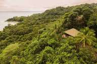 An eco-lodge at Lapa Rios peeks through dense rainforest, offering sweeping views of the Osa Peninsula coastline. 