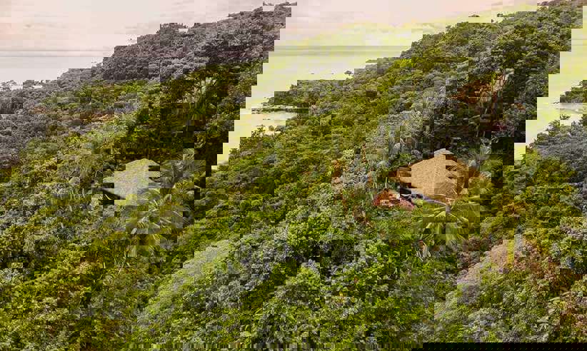 An eco-lodge at Lapa Rios peeks through dense rainforest, offering sweeping views of the Osa Peninsula coastline. 