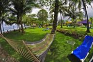 A hammock strung between palm trees in a tropical garden overlooking the ocean at Playa Esterillos, Costa Rica. 