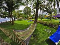 A hammock strung between palm trees in a tropical garden overlooking the ocean at Playa Esterillos, Costa Rica. 