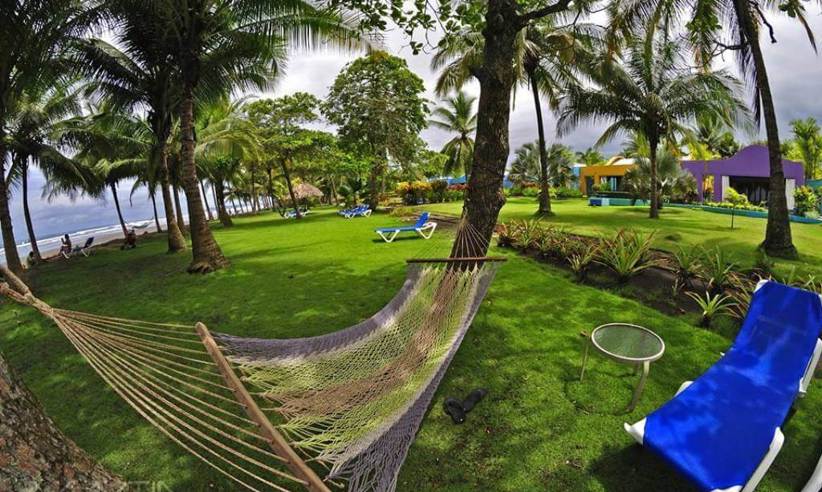 A hammock strung between palm trees in a tropical garden overlooking the ocean at Playa Esterillos, Costa Rica. 