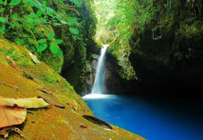 Secluded waterfall pool surrounded by mossy rocks and dense rainforest in Bajos del Toro. 