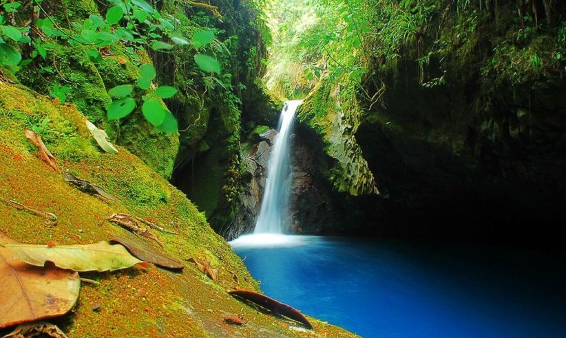 Secluded waterfall pool surrounded by mossy rocks and dense rainforest in Bajos del Toro. 