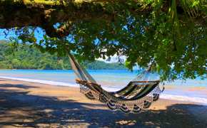 A hammock sways in the shade, overlooking the tranquil beach and turquoise waters of Playa Cativo. 