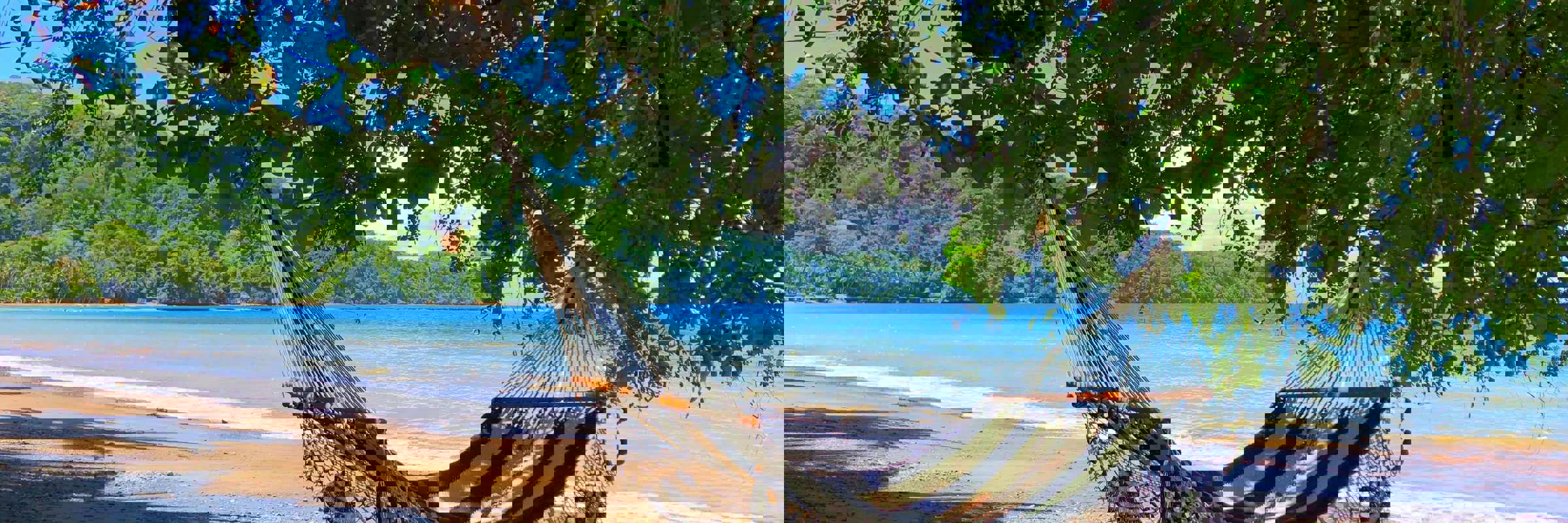 A hammock sways in the shade, overlooking the tranquil beach and turquoise waters of Playa Cativo. 