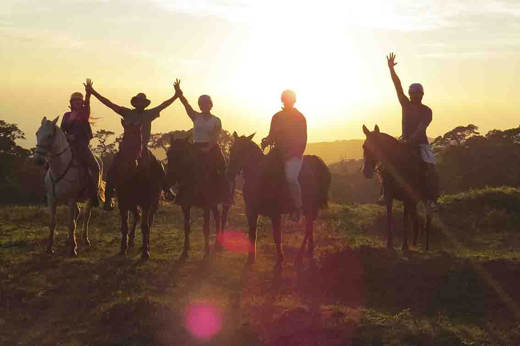 Silhouetted riders on horseback raise their arms against a golden Costa Rican sunset on an open grassy field. 