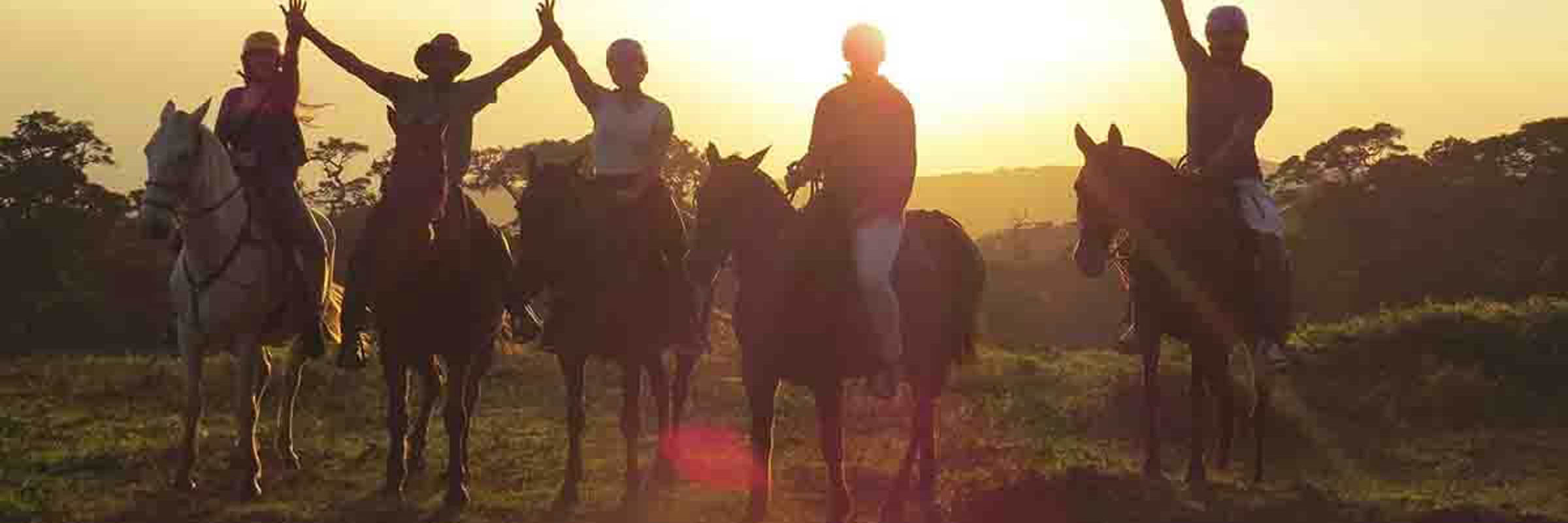 Silhouetted riders on horseback raise their arms against a golden Costa Rican sunset on an open grassy field. 