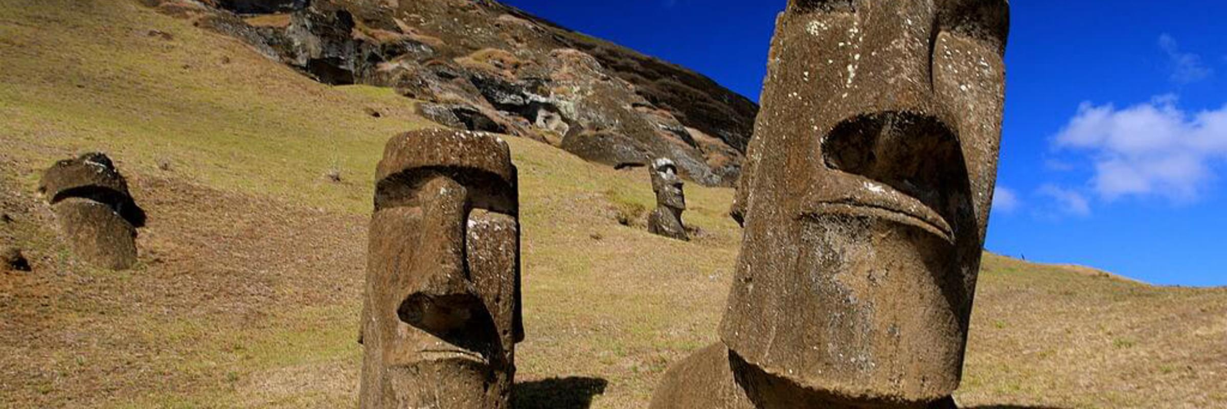 Moai statues at Rano Raraku quarry on Easter Island under a deep, surrounded by grass slopes. 