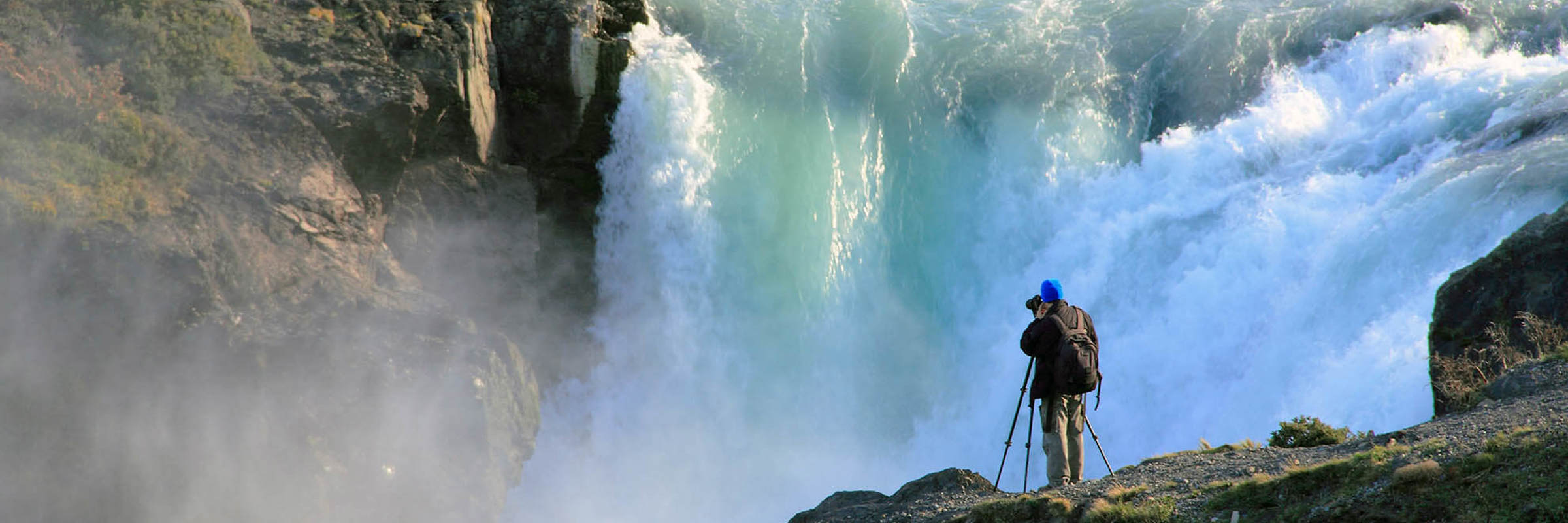 Photographer captures the powerful Salto Grande waterfall during a scenic hike in Torres del Paine National Park, Patagonia. 