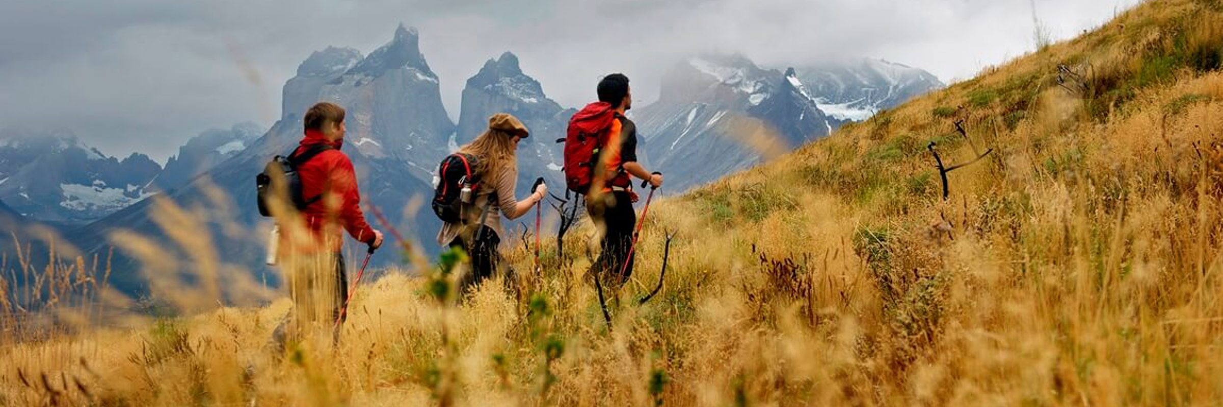 Group of trekkers hiking the W Trek in Torres del Paine with dramatic mountain peaks in the distance. 