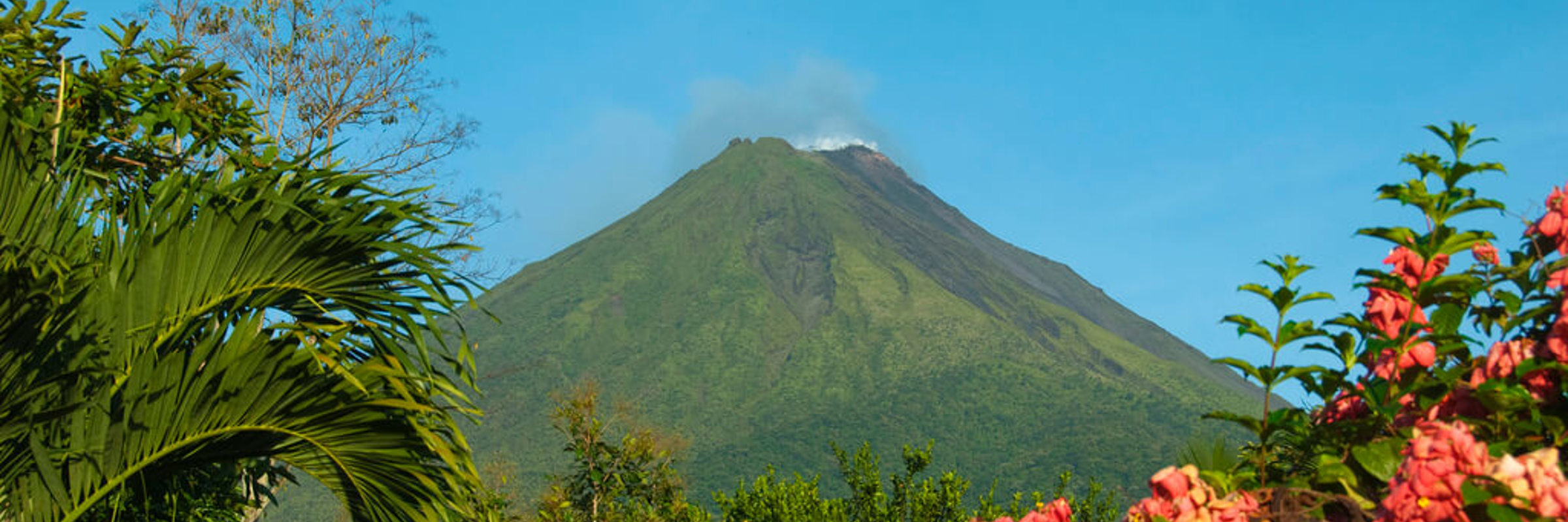 Arenal volcano framed by vibrant pink and red flowers under a bright blue sky in Costa Rica. 
