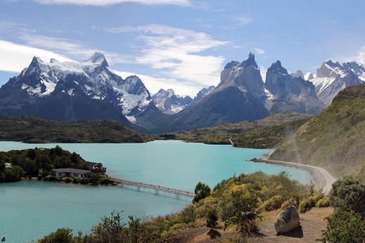 Turquoise lake with dramatic mountain peaks in Torres del Paine National Park, a scenic gem of Chilean Patagonia. 