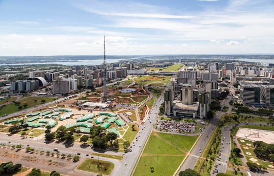Aerial view of Brasilia's Esplanade of Ministries, showcasing modernist architecture and the city's organized layout. 
