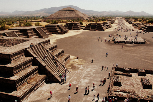 View of the Pyramid of the Sun and Avenue of the Dead at Teotihuacan, one of Mexico's most famous archaeological sites. 