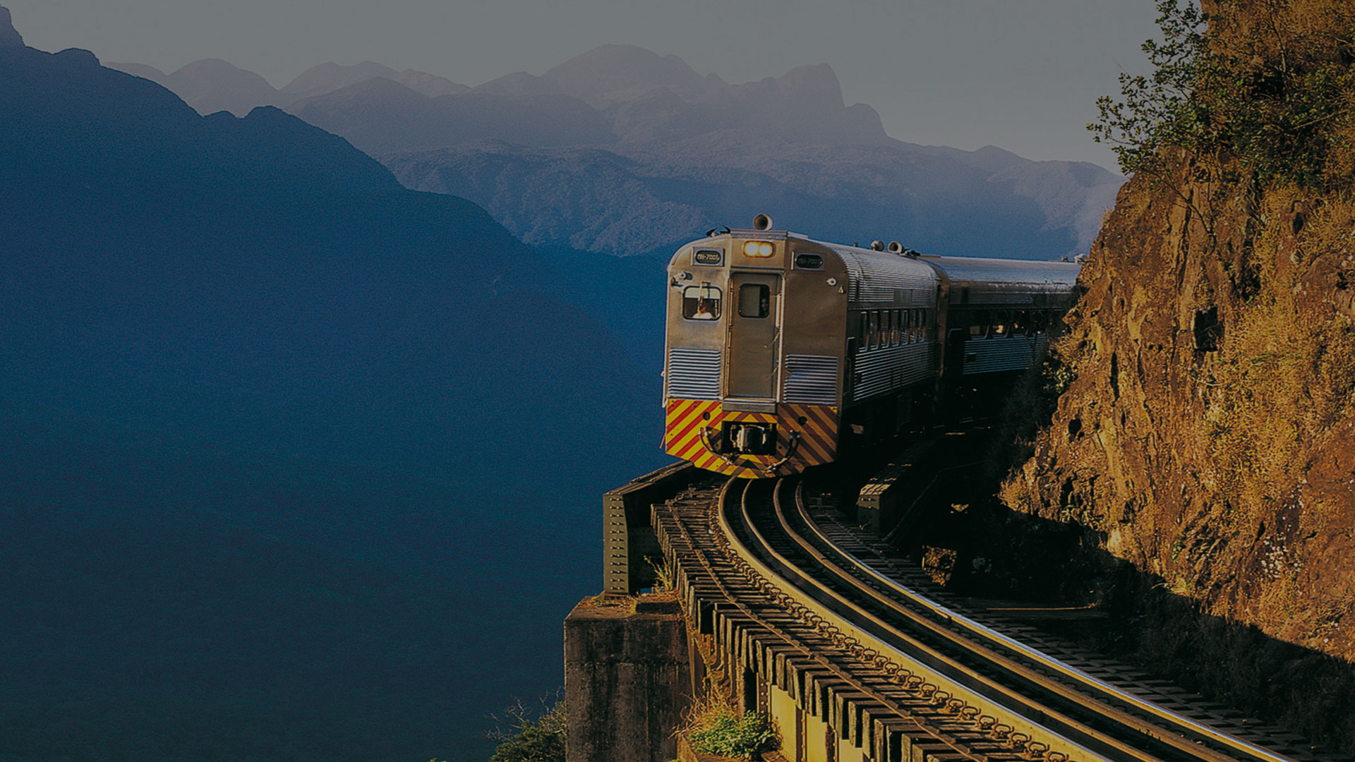 Serra Verde Express train winding through the lush mountains between Curitiba and Paranagua, Brazil. 