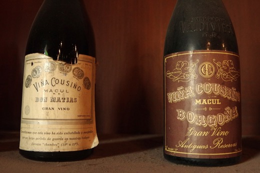 Vintage wine bottles from Cousino Macul winery in Maipo Valley, Chile. 