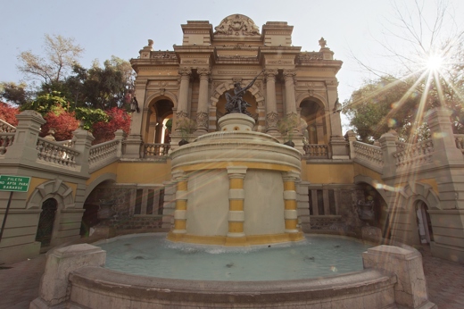 Fountain and ornate stone structure at Santa Lucia Hill in central Santiago, Chile. 