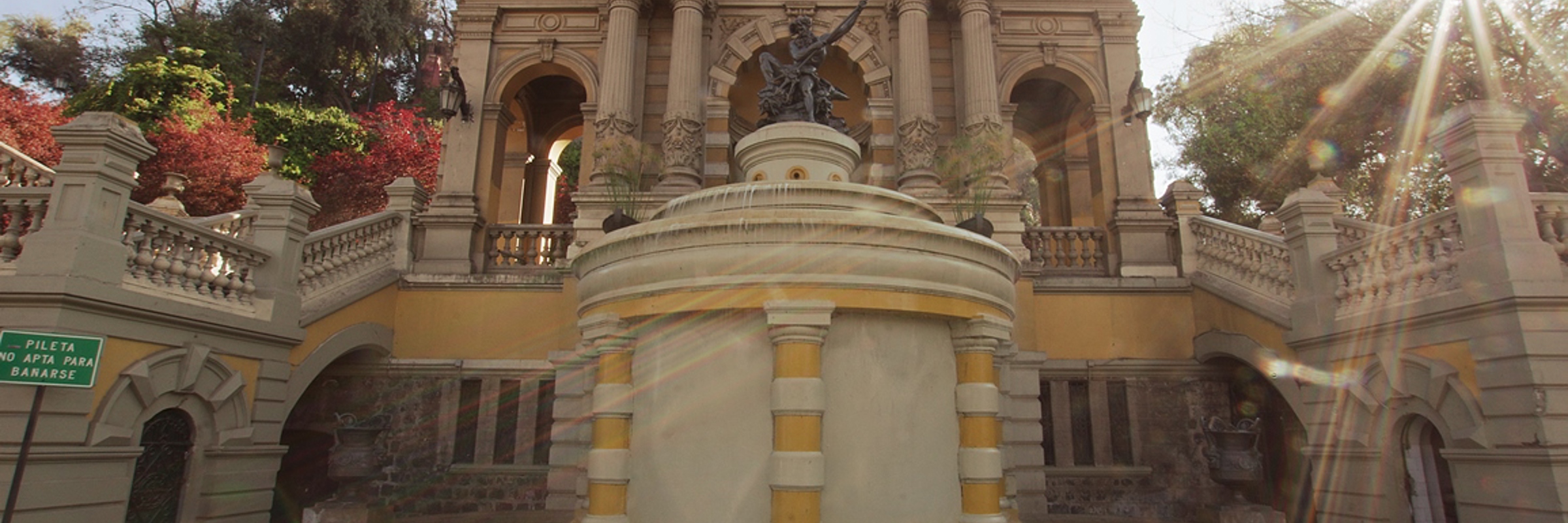 Fountain and ornate stone structure at Santa Lucia Hill in central Santiago, Chile. 