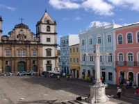 Historic Sao Francisco Church and colourful colonial buildings in Pelourinho, Salvador, Brazil. 
