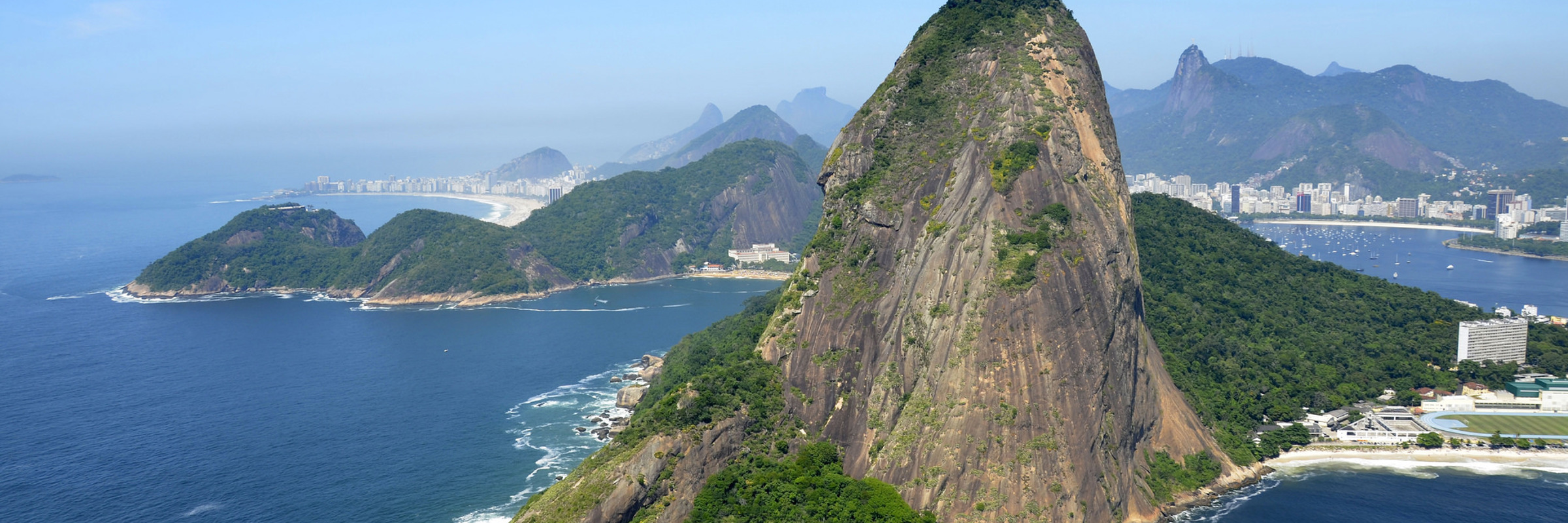 Sugar Loaf Mountain hiking trail with ocean views in Rio de Janeiro, Brazil. 