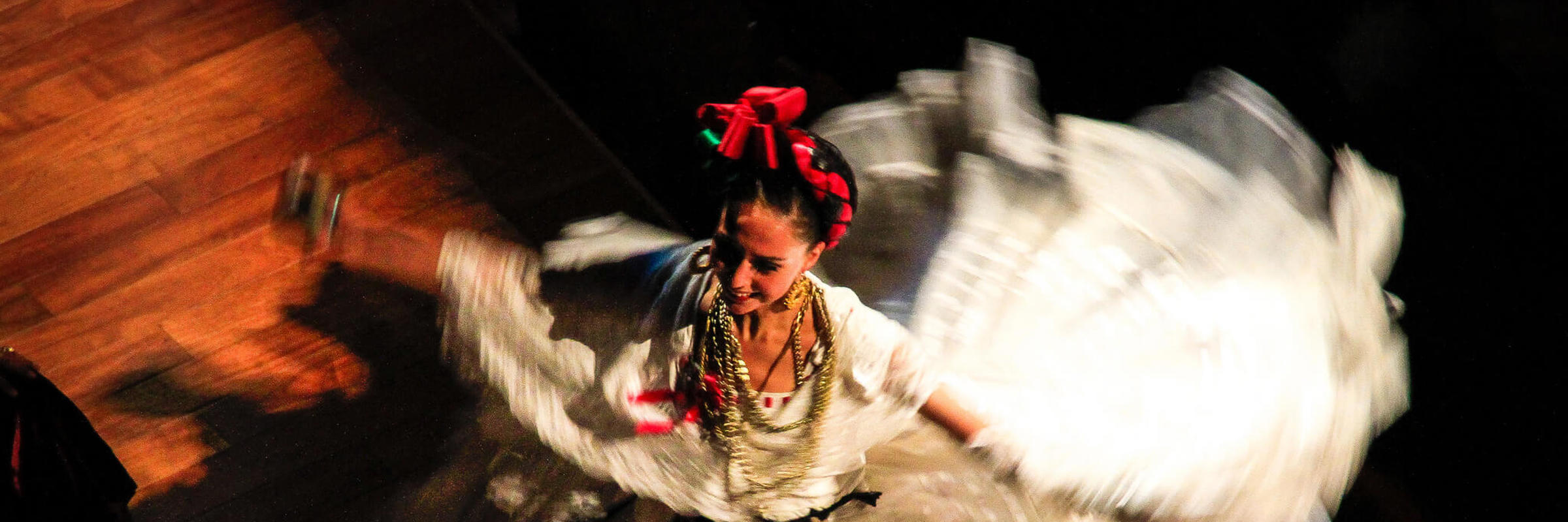 Traditional Mexican folkloric dancer spinning in a vibrant cultural performance in Mexico City. 