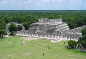 Aerial view of the  Temple of the Warriors and the Group of a Thousand Columns at Chichen Itza, Yucatan, Mexico. 