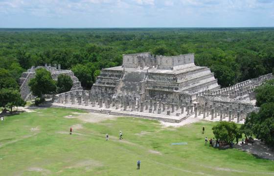 Aerial view of the  Temple of the Warriors and the Group of a Thousand Columns at Chichen Itza, Yucatan, Mexico. 