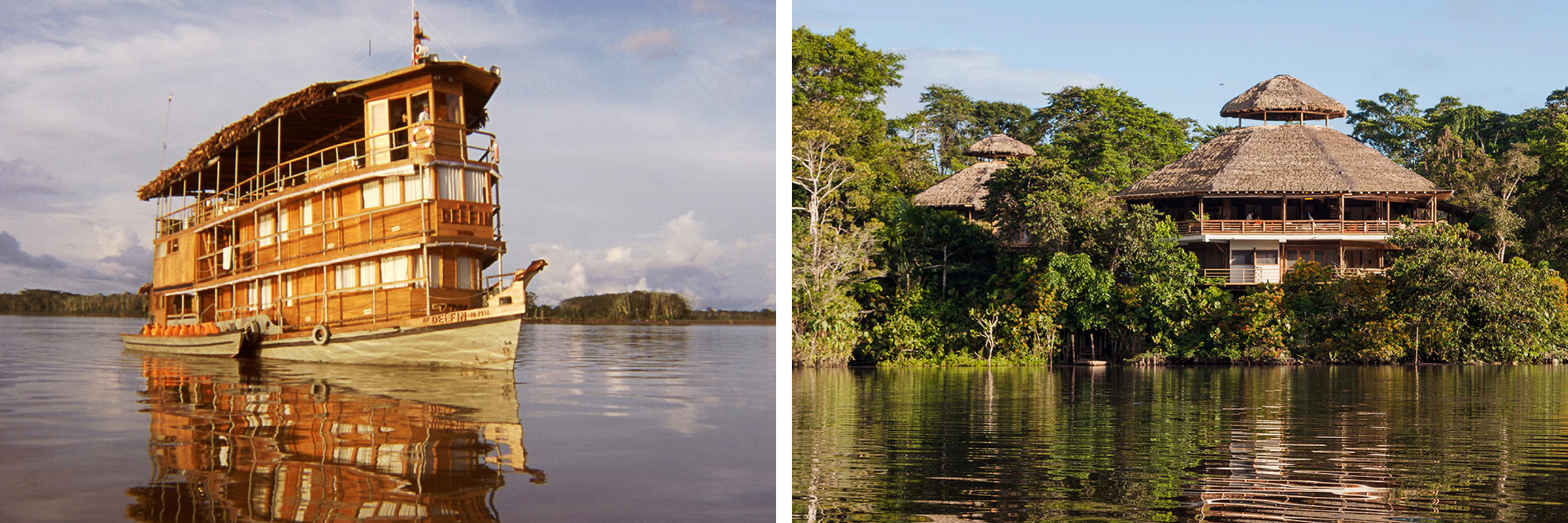 Luxury Amazon river cruise boat and eco-friendly jungle lodge surrounded by lush rainforest and calm waters. 