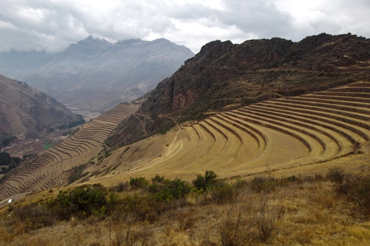 Ancient Inca Terraces curve along the hillsides of Peru's Sacred Valley. 