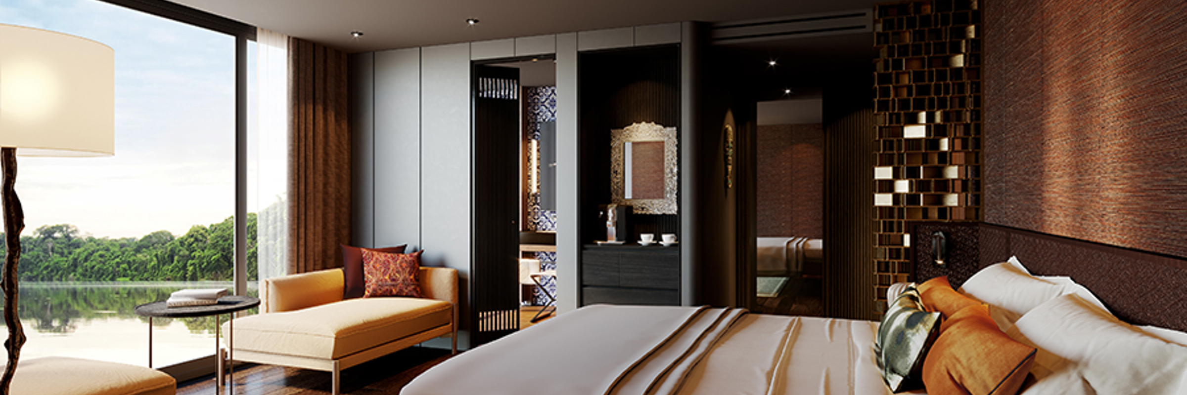 Spacious cabin suite on a luxury Amazon river cruise departing from Iquitos, Peru. 