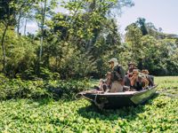 Tourists on a guided boat tour exploring the Amazon jungle and wildlife in Peru. 