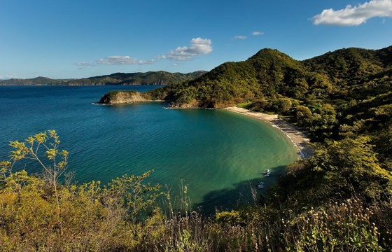 A tranquil bay framed by lush forested hills, offering stunning views of Costa Rica's unspoiled coastline. 