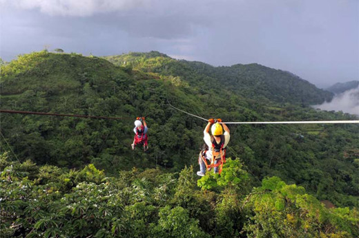 Adventurers ziplining high above the rainforest canopy with misty mountains in the background. 