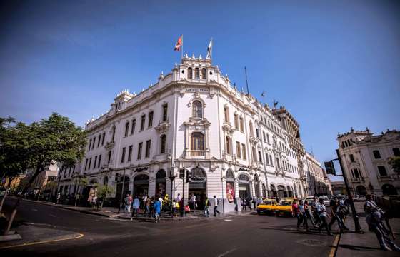 Elegant colonial-era building in central Lima, showcasing Peru's rich architectural heritage and historic charm. 