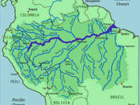 Map of the Amazon Basin showing major rivers and countries in South America, including Brazil, Peru, and Colombia. 