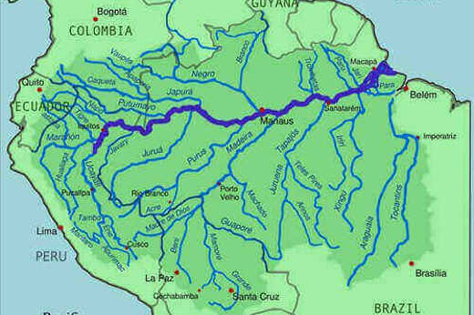 Map of the Amazon Basin showing major rivers and countries in South America, including Brazil, Peru, and Colombia. 