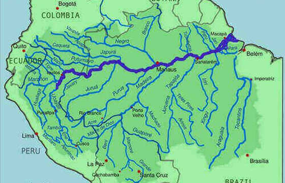 Map of the Amazon Basin showing major rivers and countries in South America, including Brazil, Peru, and Colombia. 