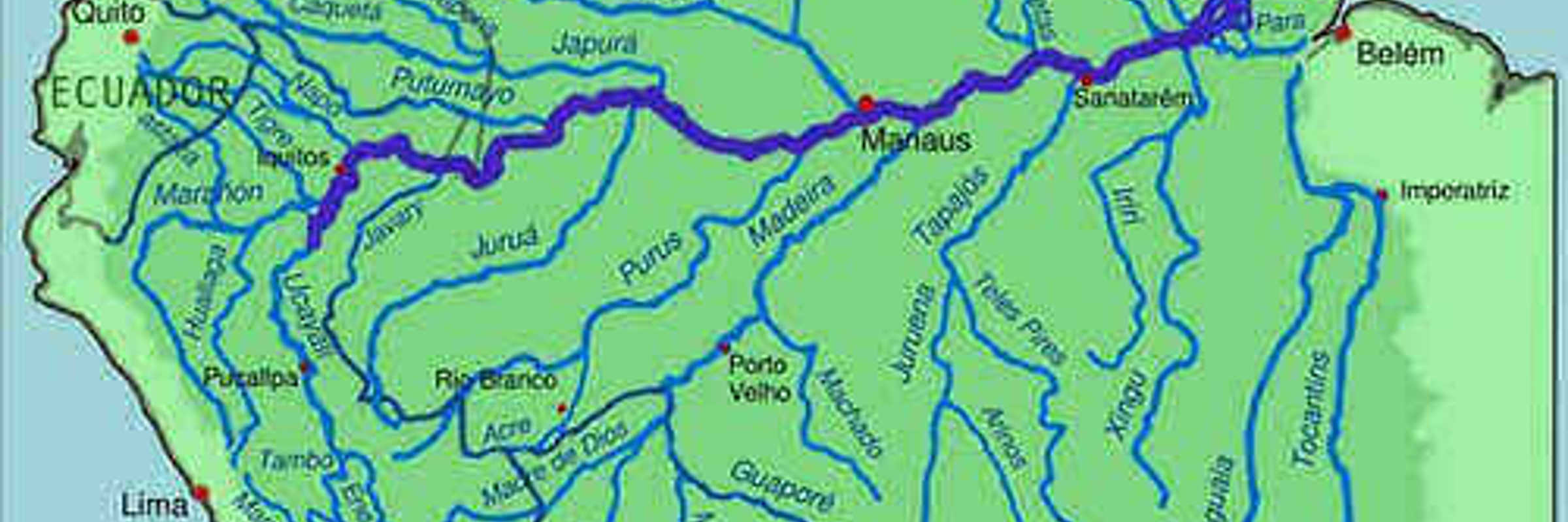 Map of the Amazon Basin showing major rivers and countries in South America, including Brazil, Peru, and Colombia. 