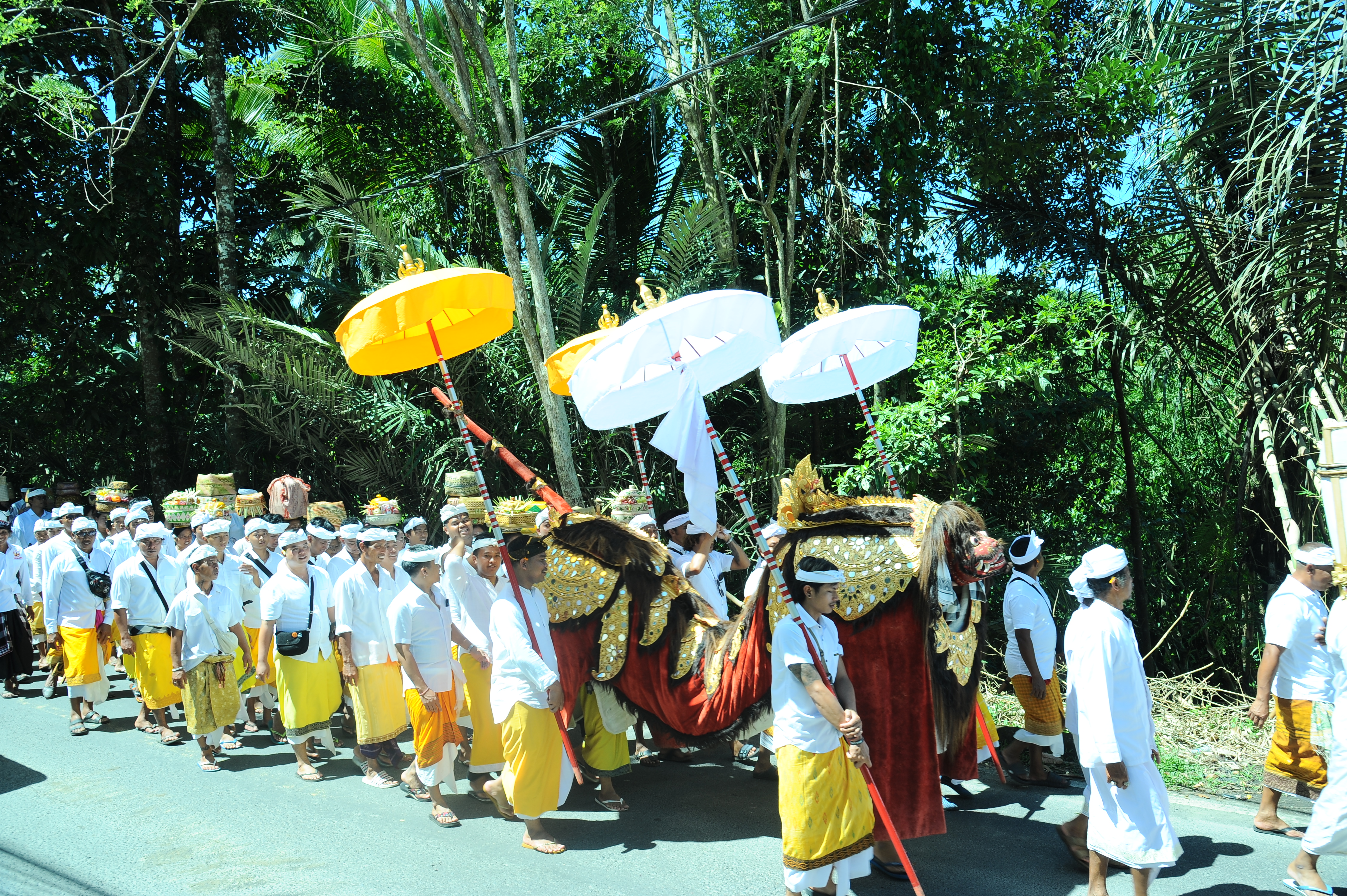 Balinese devotees in ceremonial dress lead a Barong figure through the forest during a sacred procession in Bali, Indonesia. 