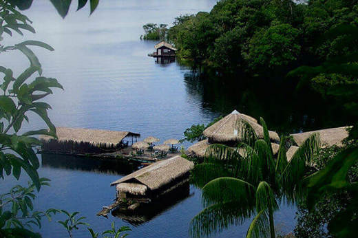 Aerial view of EcoPark floating jungle lodge on the Rio Negro, surrounded by lush Amazon rainforest near Manaus. 