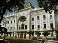 Elegant neoclassical facade of the Prefectura building in Sucre, Bolivia. 