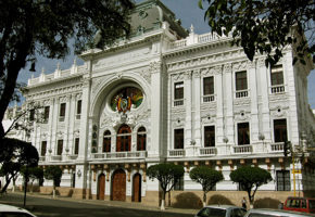 Elegant neoclassical facade of the Prefectura building in Sucre, Bolivia. 